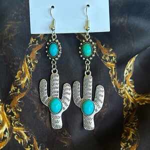 New Silver Cactus Earrings with Turquoise Accents